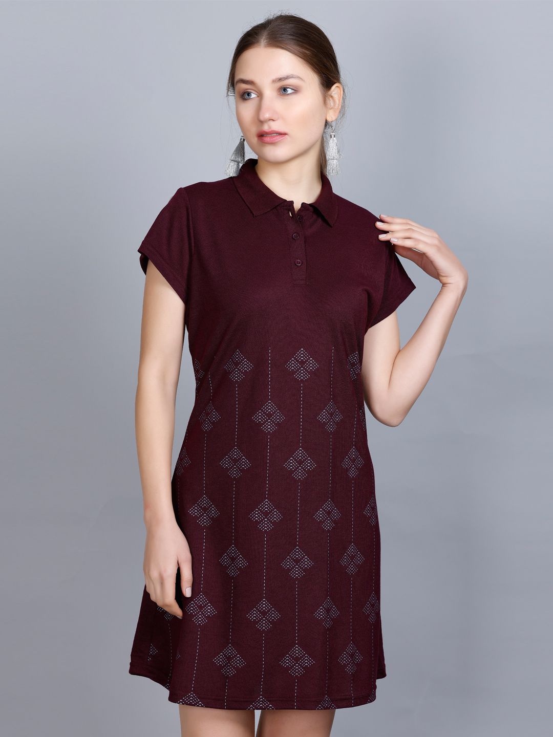     			OBAAN Cotton Blend Printed Above Knee Women's T-shirt Dress - Maroon ( Pack of 1 )