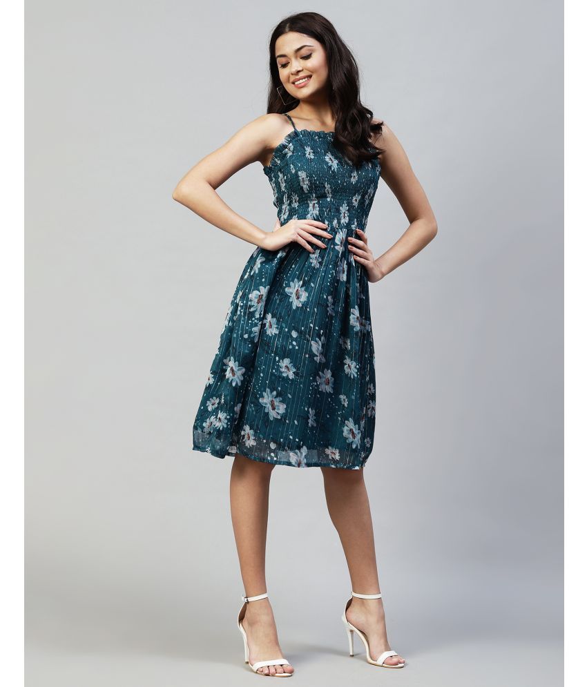     			Selvia Chiffon Printed Knee Length Women's Fit & Flare Dress - Teal ( Pack of 1 )