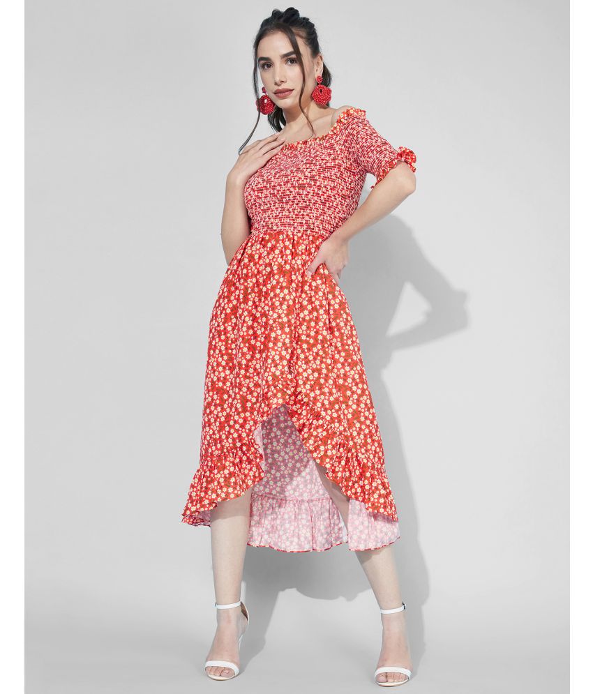     			Selvia Crepe Printed Knee Length Women's Asymmetric Dress - Red ( Pack of 1 )