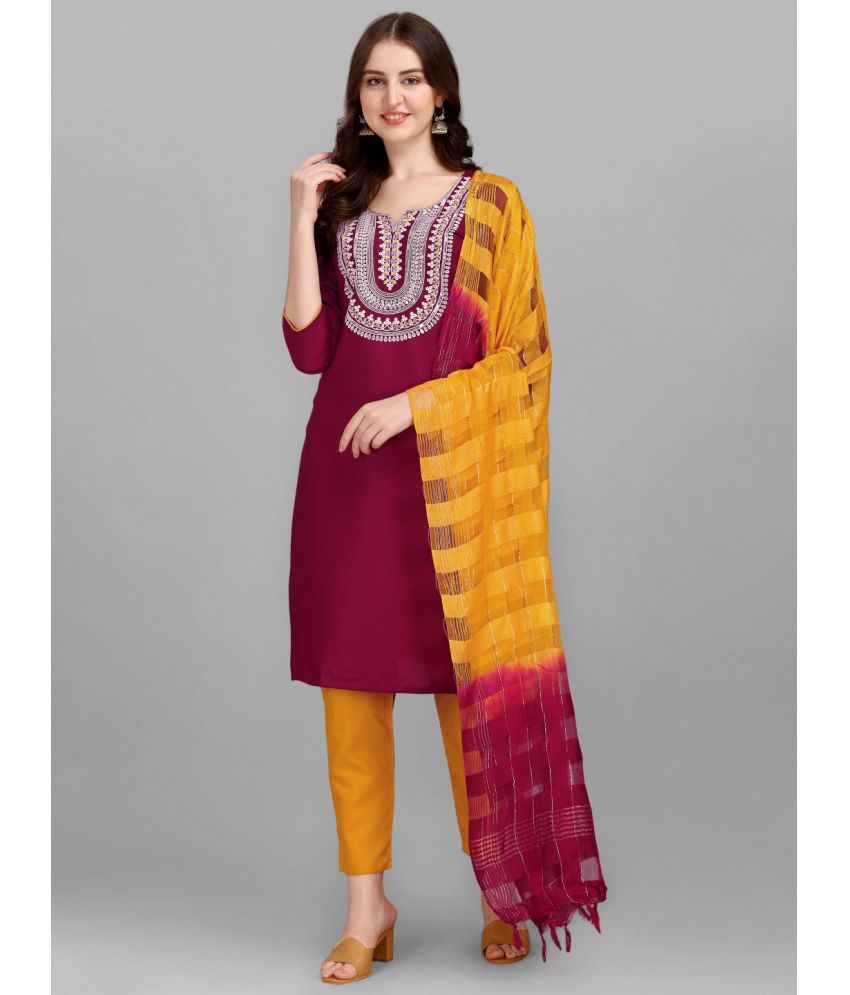     			gufrina Cotton Blend Embroidered Kurti With Pants Women's Stitched Salwar Suit - Maroon ( Pack of 1 )