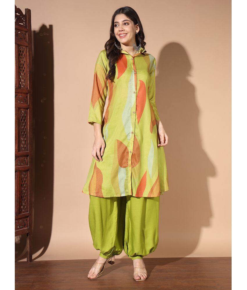     			gufrina Cotton Printed Kurti With Harems Pants Women's Stitched Salwar Suit - Green ( Pack of 1 )