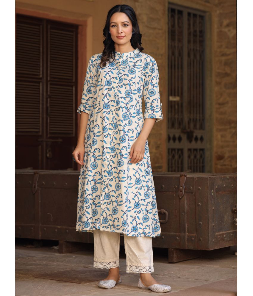     			AMIRA'S INDIAN ETHNICWEAR Cotton Flex Printed Front Slit Women's Kurti - Blue ( Pack of 1 )