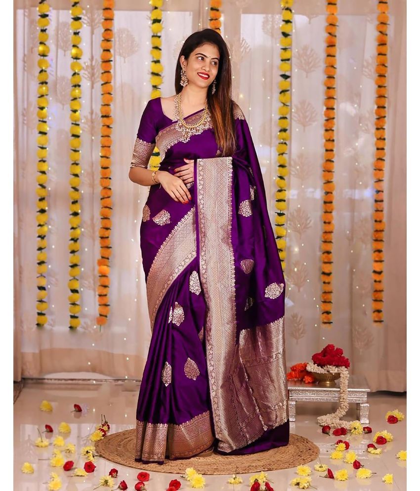     			Anjaneya Sarees Banarasi Silk Woven Saree With Blouse Piece - Purple ( Pack of 1 )