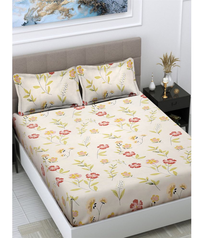     			FABINALIV Poly Cotton Floral 1 Double Bedsheet with 2 Pillow Covers - Cream