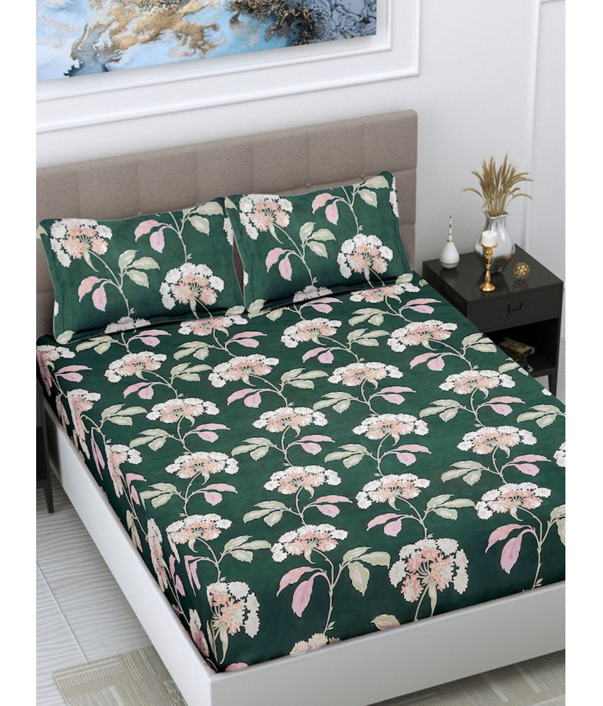     			FABINALIV Poly Cotton Floral 1 Double Bedsheet with 2 Pillow Covers - Green