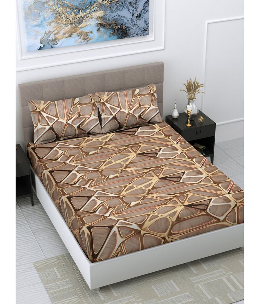     			FABINALIV Poly Cotton Geometric 1 Double Bedsheet with 2 Pillow Covers - Beige