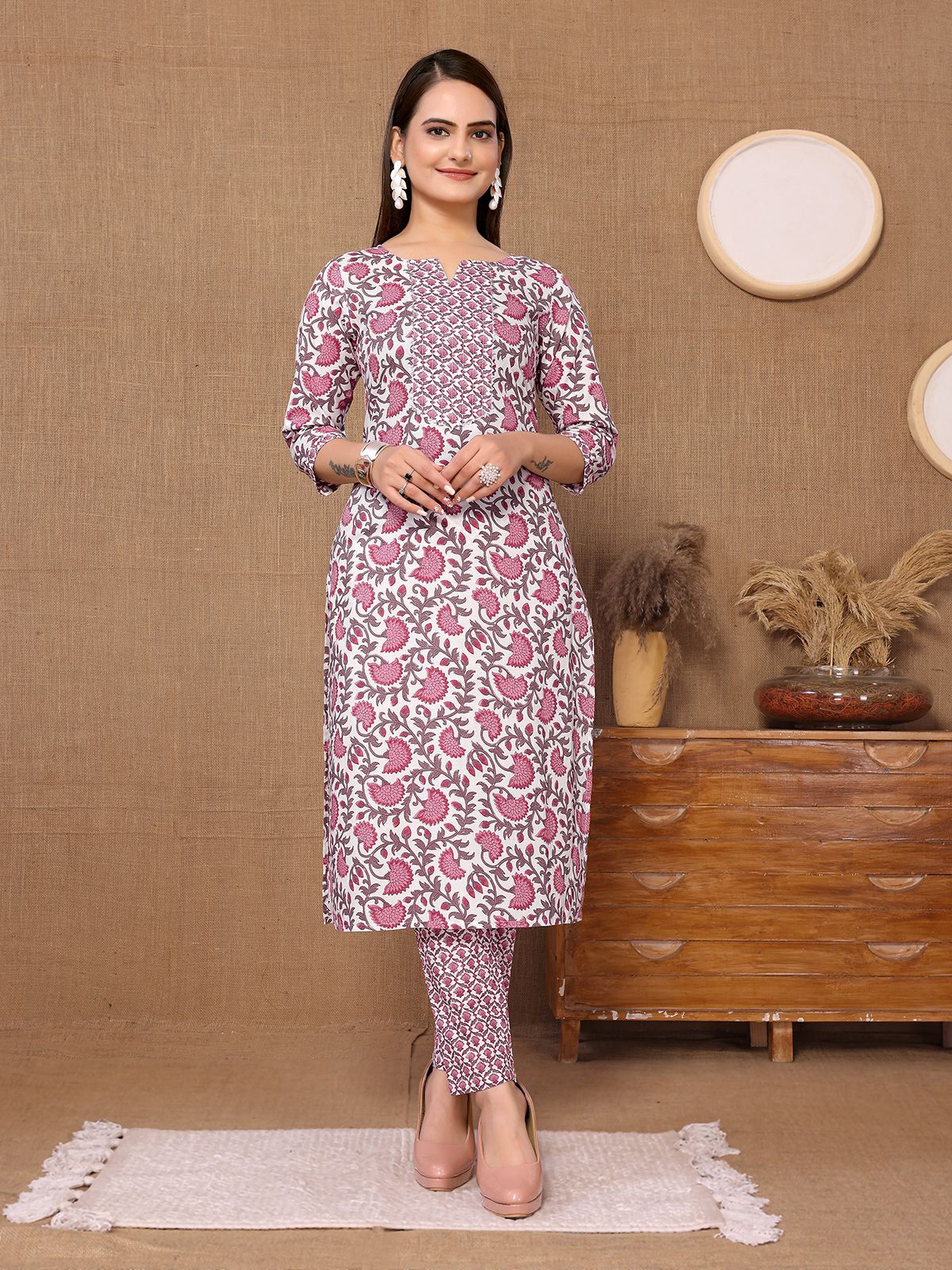    			Rangita Women Cotton Pink Floral Printed Calf Length Straight Kurti With Pants