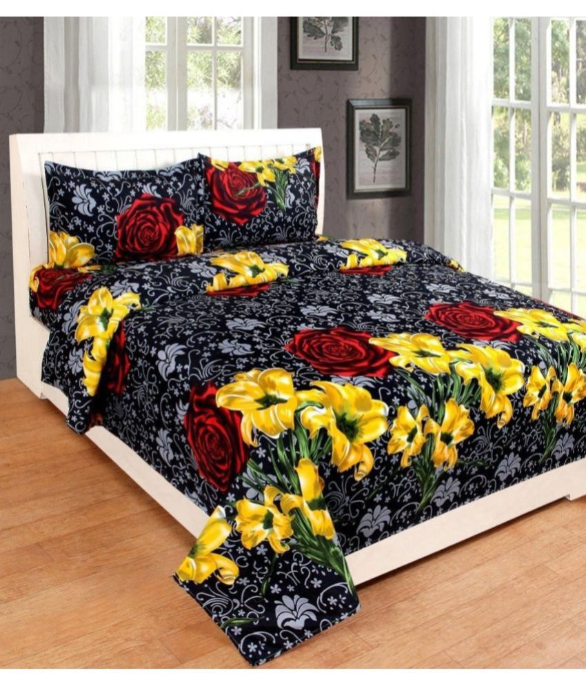     			Shaphio Poly Cotton Floral 1 Double Bedsheet with 2 Pillow Covers - Black