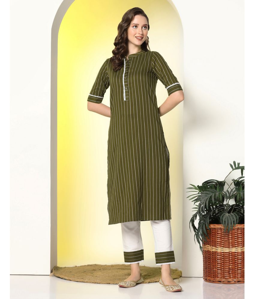     			Skylee Cotton Blend Self Design Kurti With Pants Women's Stitched Salwar Suit - Olive ( Pack of 1 )