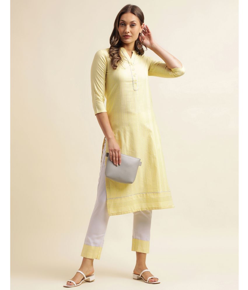     			Skylee Cotton Blend Self Design Kurti With Pants Women's Stitched Salwar Suit - Yellow ( Pack of 1 )