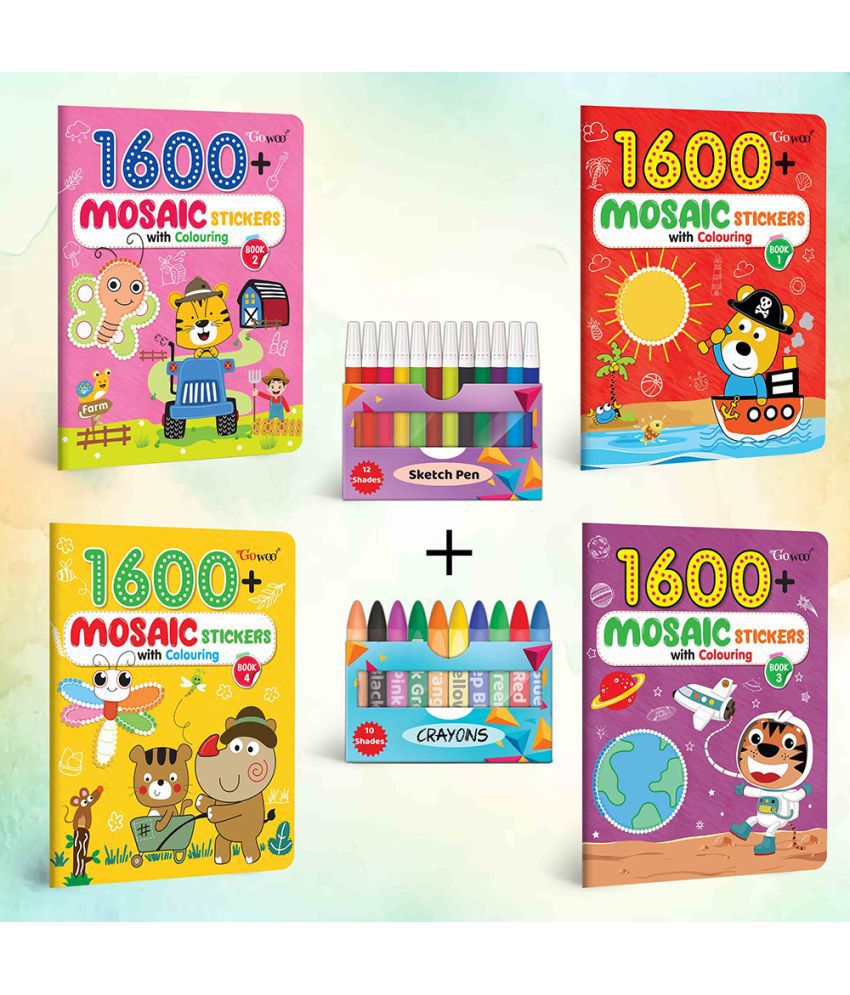     			1600 MOSAIC STICKERS WITH COLOURING - BOOK 1, 2, 3 & 4 with 10 WAX CRAYONS and 12 WATER COLOUR SKETCH PEN |Combo of 4 | "Artistic Adventures: Mosaic Marvels Collection"