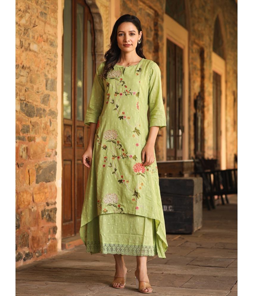     			AMIRA'S INDIAN ETHNICWEAR 100% Cotton Embroidered Asymmetrical Women's Kurti - Green ( Pack of 1 )