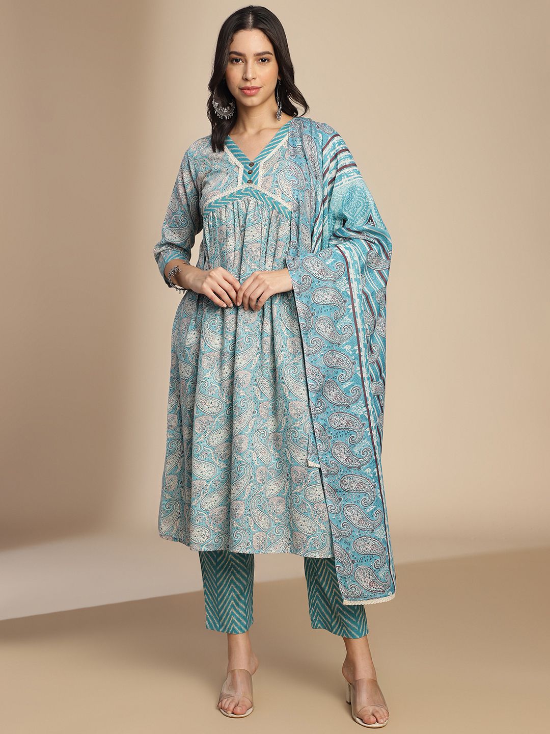     			Aarrah Cotton Blend Printed Ethnic Top With Salwar Women's Stitched Salwar Suit - Blue ( Pack of 1 )