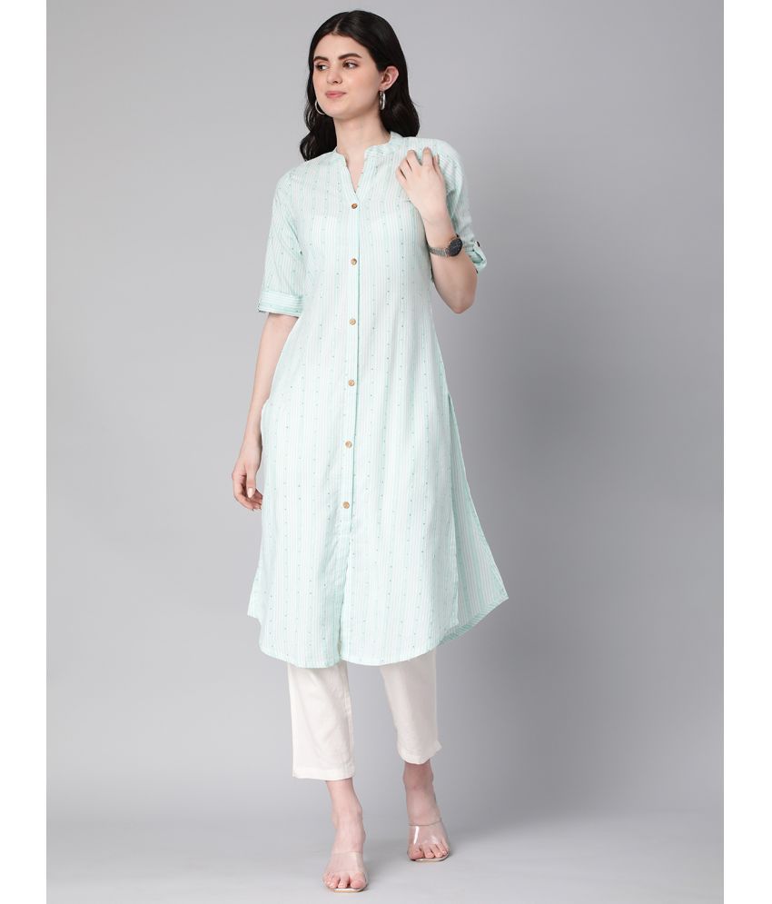     			Aarrah Cotton Blend Striped Straight Women's Kurti - Turquoise ( Pack of 1 )