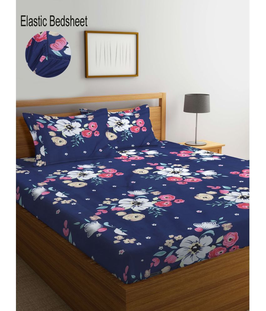     			Klotthe Poly Cotton Floral Fitted 1 Bedsheet with 2 Pillow Covers ( King Size ) - Dark Blue