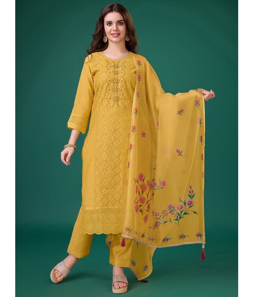     			MOJILAA Chanderi Embroidered Kurti With Pants Women's Stitched Salwar Suit - Yellow ( Pack of 1 )