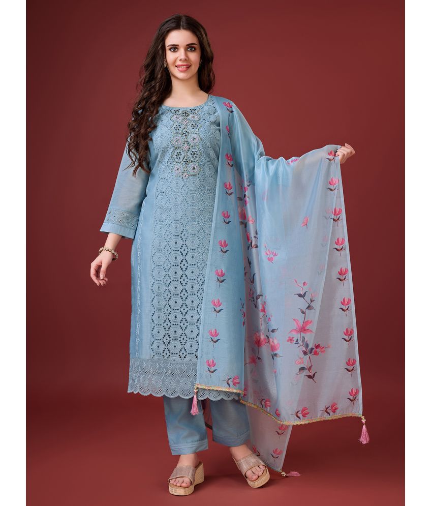     			MOJILAA Chanderi Embroidered Kurti With Pants Women's Stitched Salwar Suit - Light Blue ( Pack of 1 )