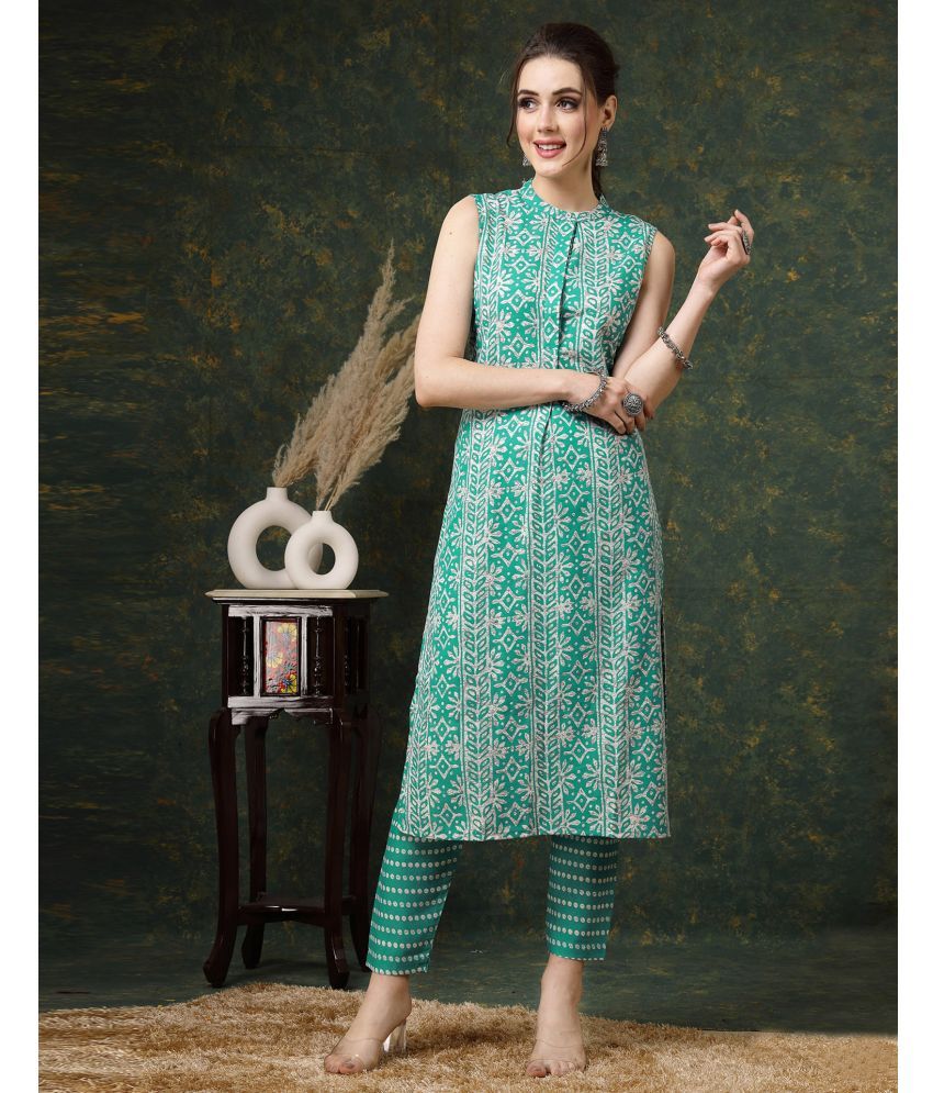     			Skylee Cotton Blend Printed Kurti With Pants Women's Stitched Salwar Suit - Green ( Pack of 1 )