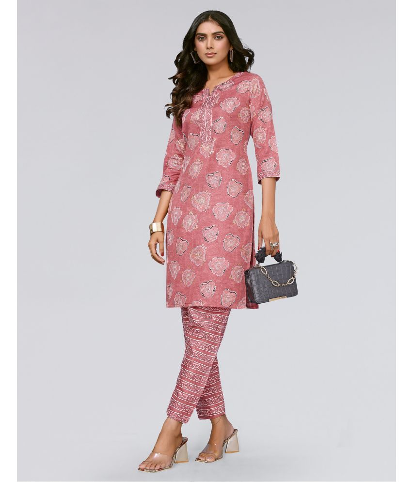     			Skylee Cotton Blend Printed Kurti With Pants Women's Stitched Salwar Suit - Pink ( Pack of 1 )