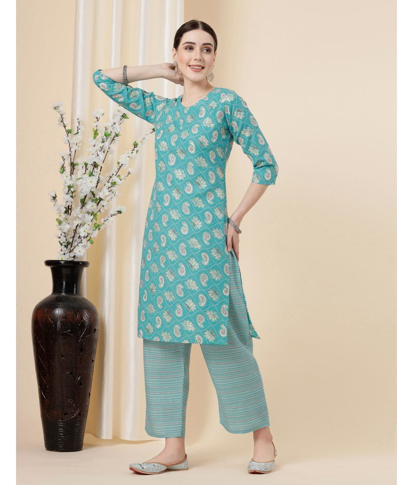     			Skylee Cotton Blend Printed Kurti With Pants Women's Stitched Salwar Suit - Turquoise ( Pack of 1 )