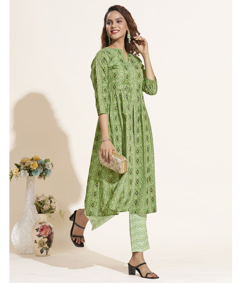     			Skylee Cotton Silk Printed Kurti With Pants Women's Stitched Salwar Suit - Green ( Pack of 1 )