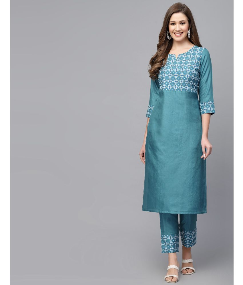     			Skylee Silk Blend Printed Kurti With Pants Women's Stitched Salwar Suit - Blue ( Pack of 1 )