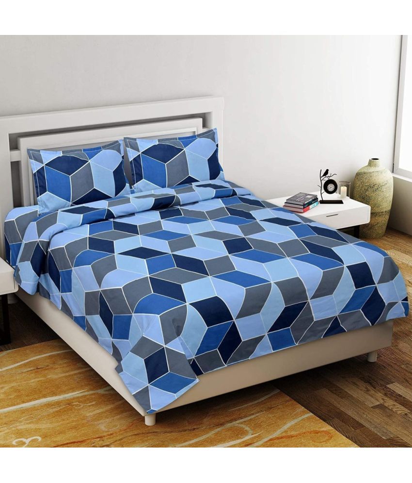     			Neekshaa Glace Cotton Geometric 1 Double Bedsheet with 2 Pillow Covers - Blue