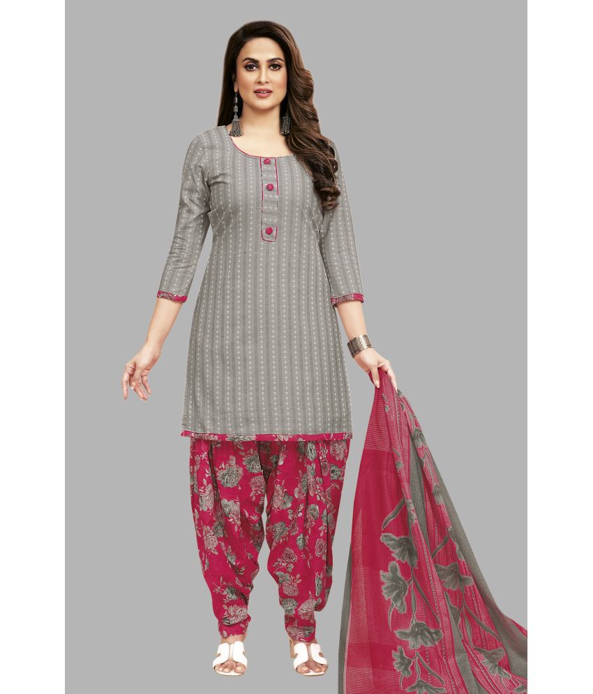     			SIMMU Cotton Printed Kurti With Patiala Women's Stitched Salwar Suit - Grey ( Pack of 1 )