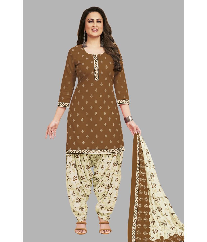     			SIMMU Cotton Printed Kurti With Patiala Women's Stitched Salwar Suit - Brown ( Pack of 1 )