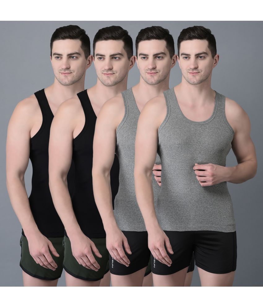     			Pack of 4 Dollar Bigboss Black-Grey Solid Cotton Blend Men Vest