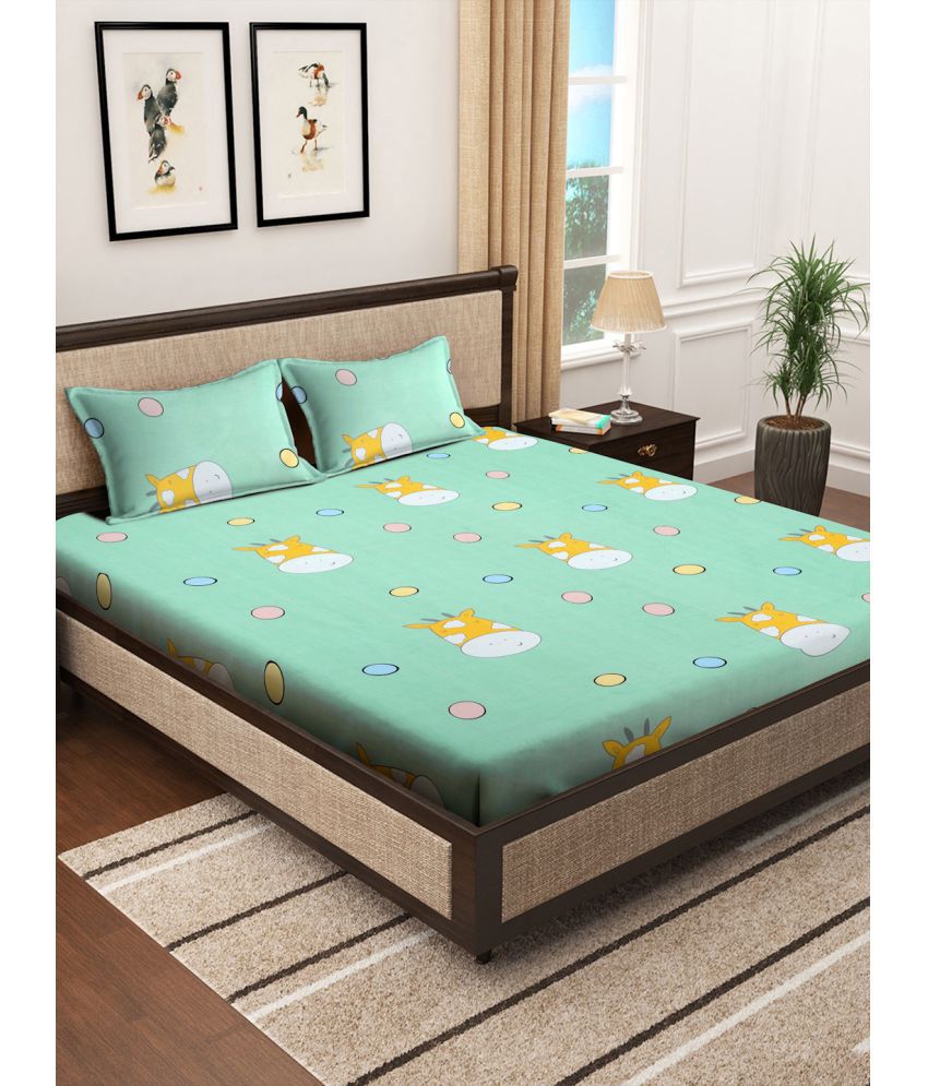     			FABINALIV Poly Cotton Animal 1 Double Bedsheet with 2 Pillow Covers - Green