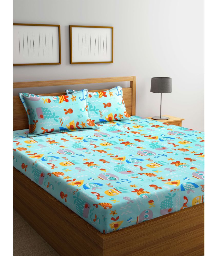     			FABINALIV Poly Cotton Animal 1 Double Bedsheet with 2 Pillow Covers - Turquoise