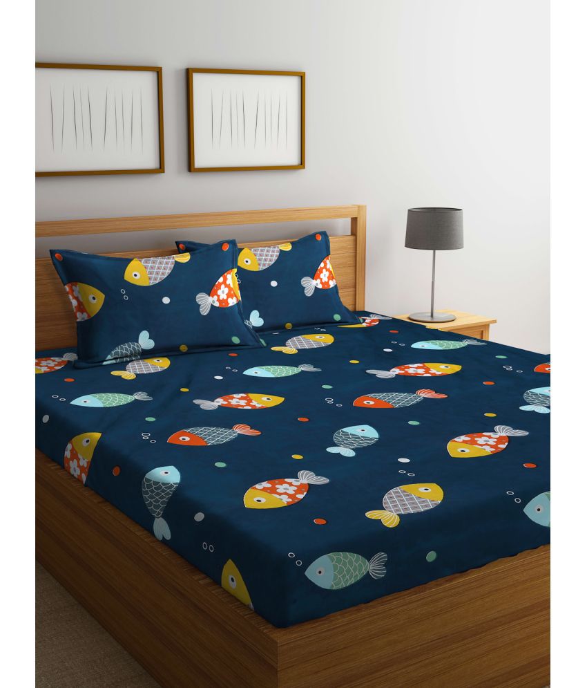     			FABINALIV Poly Cotton Animal 1 Double Bedsheet with 2 Pillow Covers - Blue
