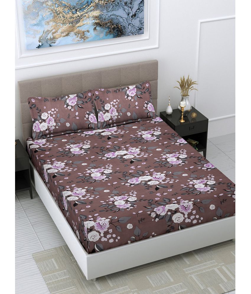     			FABINALIV Poly Cotton Floral 1 Double Bedsheet with 2 Pillow Covers - Coffee Brown