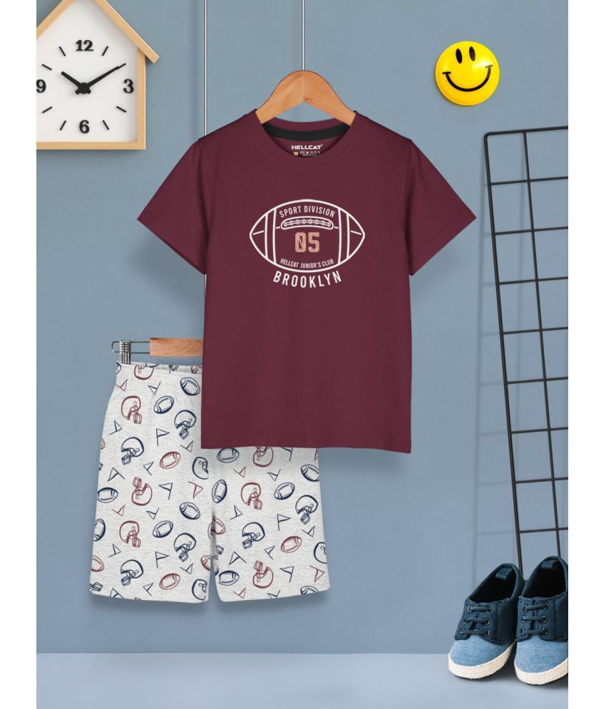     			HELLCAT Burgundy Cotton Blend Baby Boy T-Shirt & Shorts ( Pack of 1 )