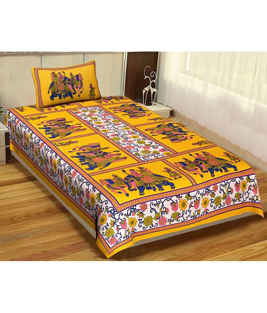     			Uniqchoice Cotton Floral 1 Single Bedsheet with 1 Pillow Cover - Yellow