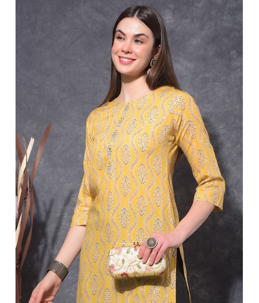     			Mamoose Rayon Self Design Straight Women's Kurti - Yellow ( Pack of 1 )