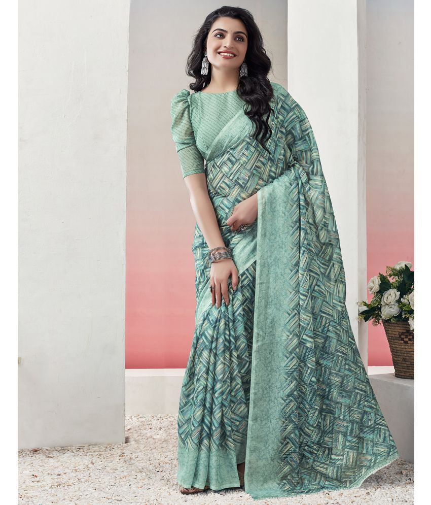     			Samah Chiffon Printed Saree With Blouse Piece - Turquoise ( Pack of 1 )