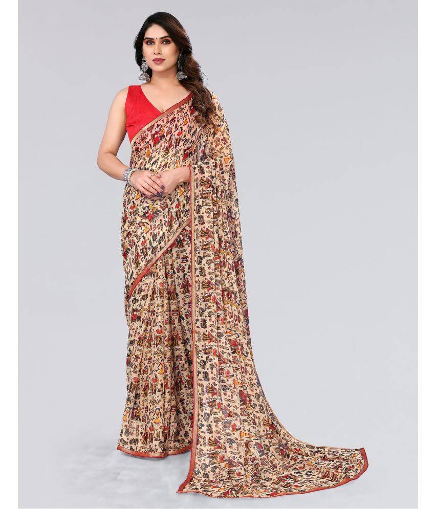    			Samah Chiffon Printed Saree With Blouse Piece - Beige ( Pack of 1 )