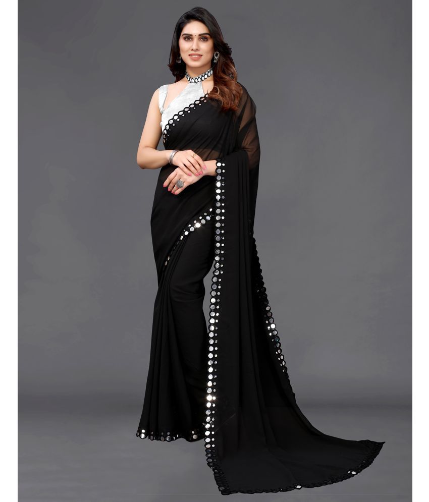     			Samah Georgette Dyed Saree With Blouse Piece - Black ( Pack of 1 )
