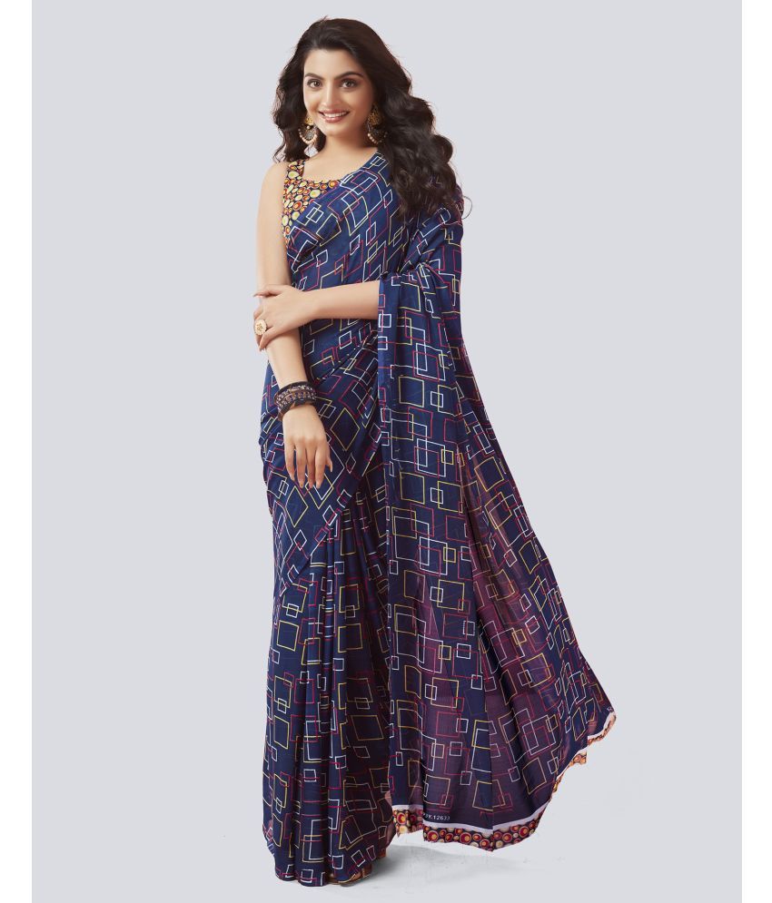     			Samah Georgette Printed Saree With Blouse Piece - Navy Blue ( Pack of 1 )