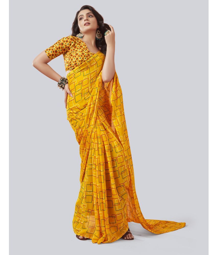     			Samah Georgette Printed Saree With Blouse Piece - Yellow ( Pack of 1 )