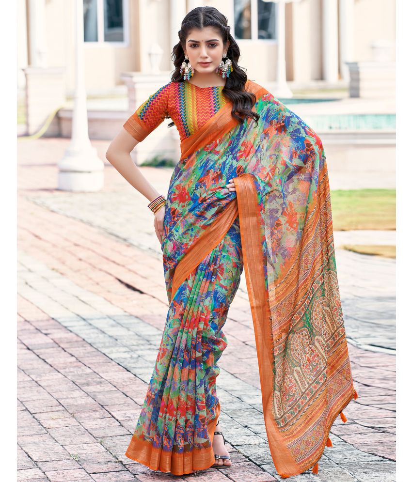     			Samah Linen Printed Saree With Blouse Piece - Orange ( Pack of 1 )