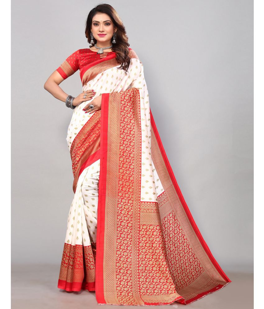     			Samah Silk Blend Printed Saree With Blouse Piece - White ( Pack of 1 )