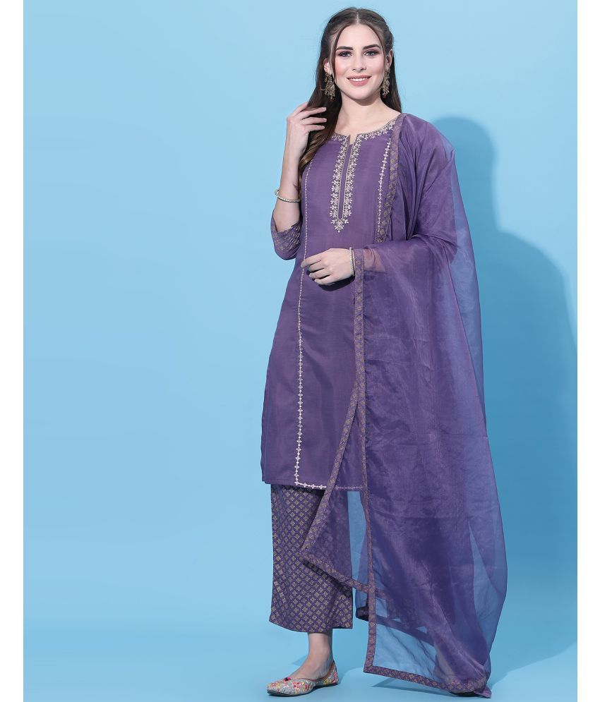     			Skylee Chiffon Embroidered Kurti With Pants Women's Stitched Salwar Suit - Purple ( Pack of 1 )