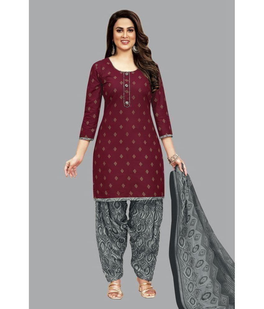     			SIMMU Cotton Printed Kurti With Patiala Women's Stitched Salwar Suit - Maroon ( Pack of 1 )