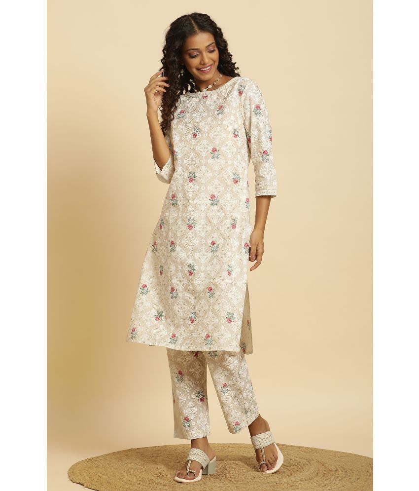     			W Cotton Printed Kurti With Pants Women's Stitched Salwar Suit - Beige ( Pack of 1 )