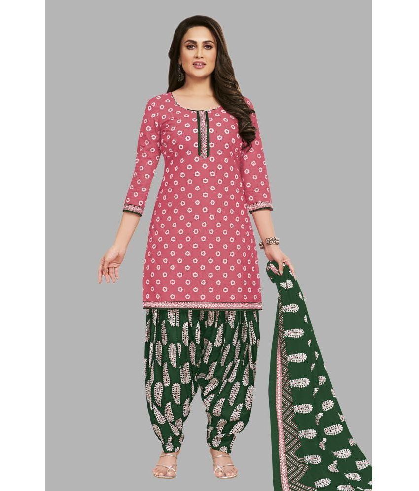     			shree jeenmata collection Unstitched Cotton Printed Dress Material - Pink ( Pack of 1 )