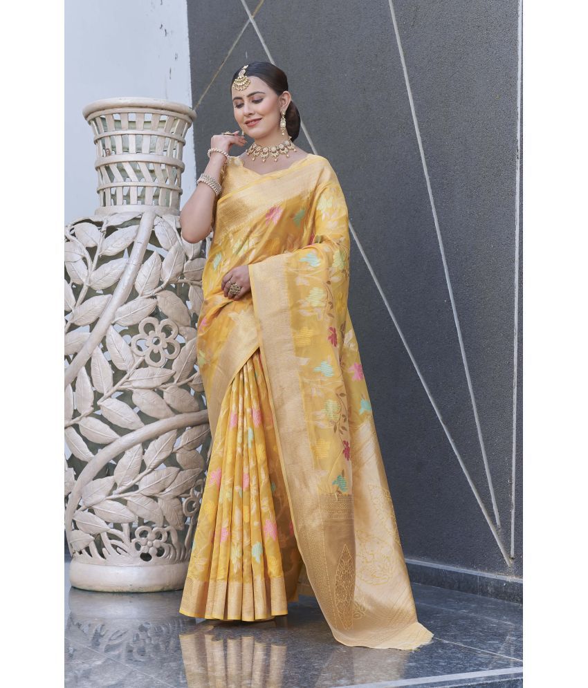     			ELITE WEAVES Organza Woven Saree With Blouse Piece - Yellow ( Pack of 1 )