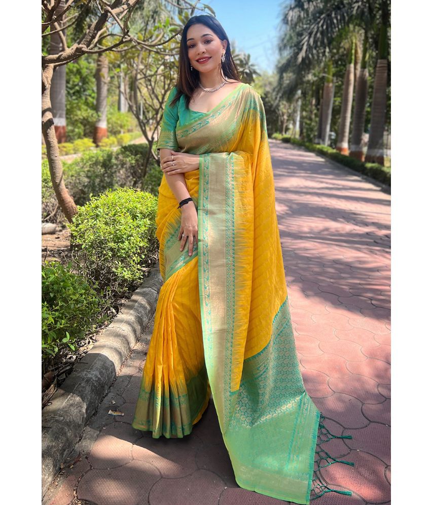     			ELITE WEAVES Silk Woven Saree With Blouse Piece - Yellow ( Pack of 1 )